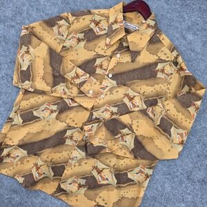 Vintage Landmark Mens XL Brown Yellow Novelty Landscape 70s Polyester Shirt